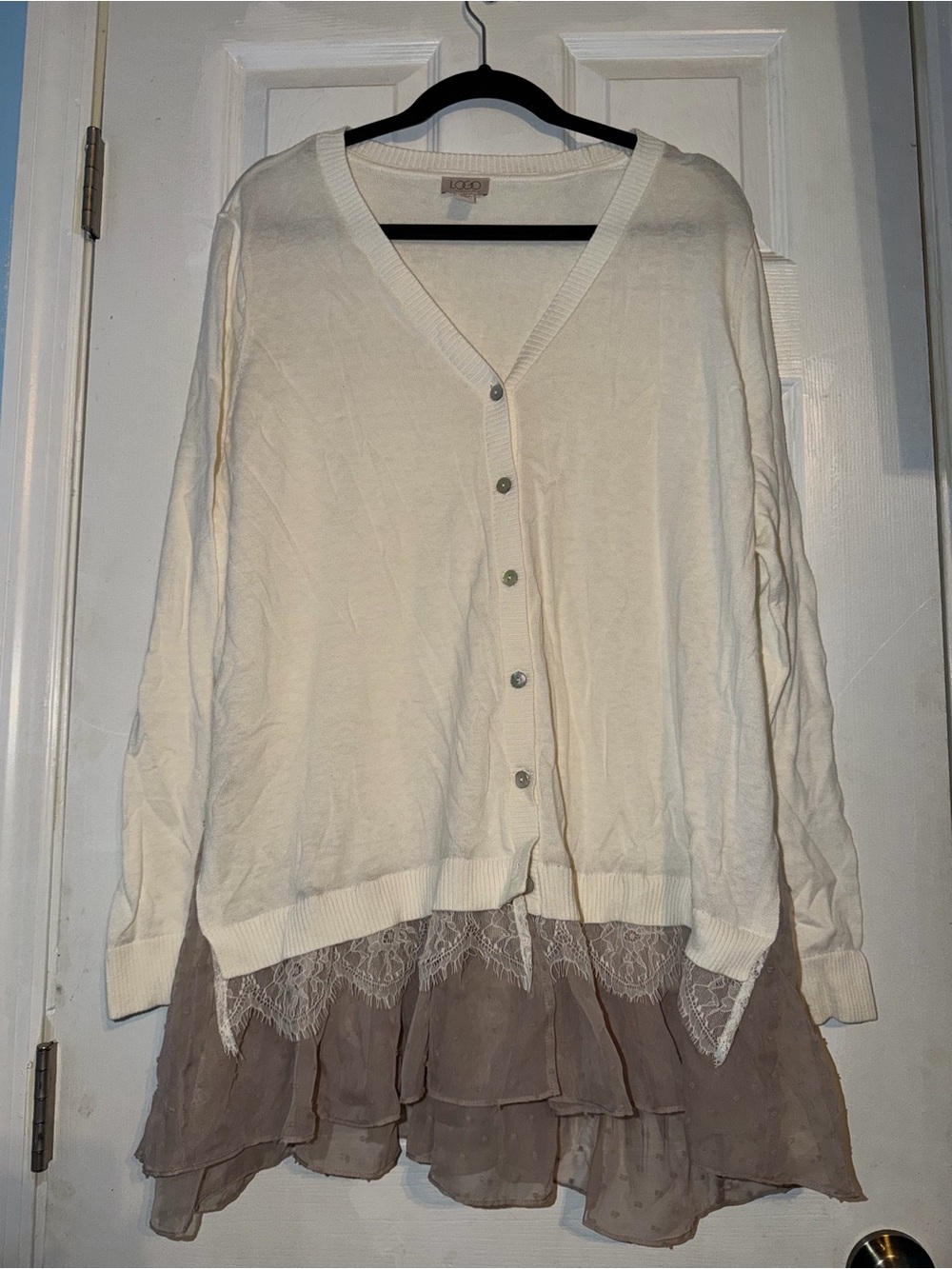 LOGO by Lori Goldstein XL Ivory V-Neck Button Cardigan with Lace Hem